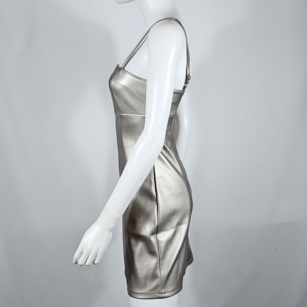 NWT Kirious Los Angeles Silver Metallic Vegan Leather Bodycon Mini Dress - Picture 4 of 16